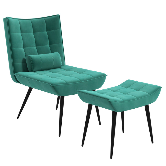 Modern Tufted Armless Accent Chair with Footstool - Upholstered Lounge Chair with Pillow and Steel Legs, Green - Perfect for Living Room Comfort