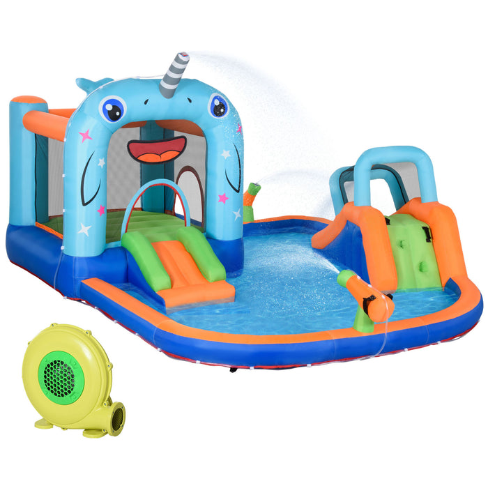 5-in-1 Narwhal-Themed Inflatable Bounce Castle - Slide, Trampoline, Pool, Climbing Wall & Water Gun Fun - Complete with Air Pump & Carry Bag for Easy Storage