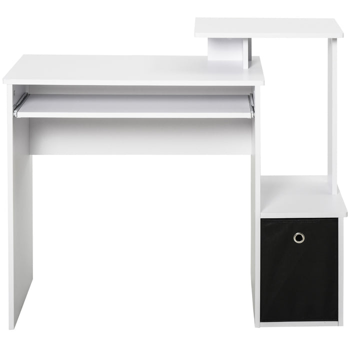 Compact White Computer Desk - Sliding Keyboard Tray, Storage Drawer, and Shelf - Ideal for Home Office, Gaming, and Study Workstation