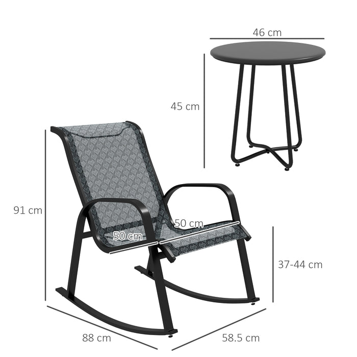 Outdoor Patio Rocking Chair Set - 3-Piece Bistro Set with Metal Coffee Table & Breathable Mesh Fabric - Ideal for Garden Relaxation & Entertaining