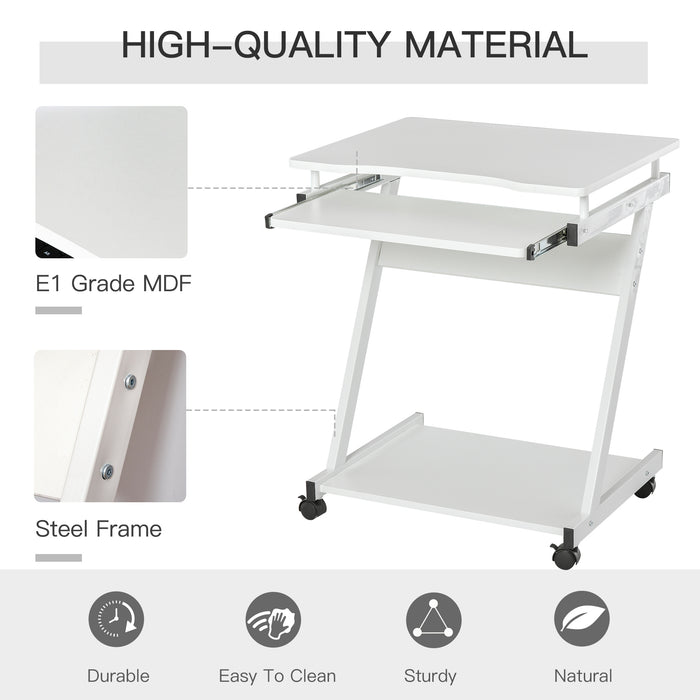 Compact Rolling Computer Desk - 4 Swivel Wheels, Slide-Out Keyboard Tray - Ideal for Home Office, Gaming, and Study Workstation in White