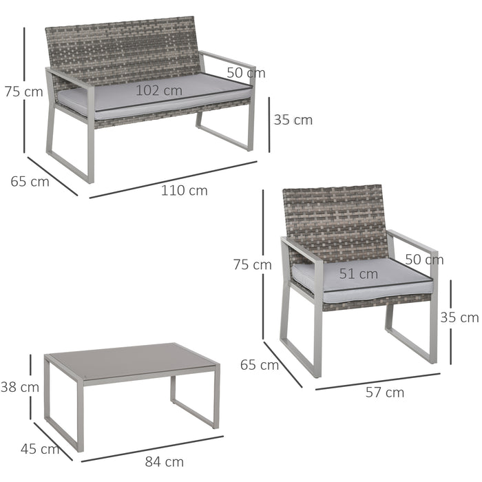 4-Seater Rattan Garden Furniture Set - Single Sofa Arm Chairs, Bench with Cushions & Coffee Table - Ideal for Patio and Backyard Entertaining