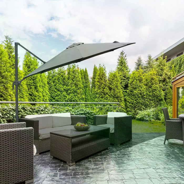 Roma Umbrella 3m Cantilever - Patio Offset Parasol, Hanging Sun Shade Canopy with 360° Rotation and Cross Base - Ideal for Outdoor Comfort in Dark Grey