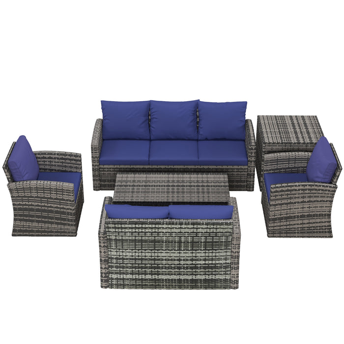 Outdoor Rattan 6-Piece Sofa Set - Wicker Sectional Patio Conversation Furniture with Storage Table and Navy Blue Cushions - Ideal for Garden and Poolside Lounging