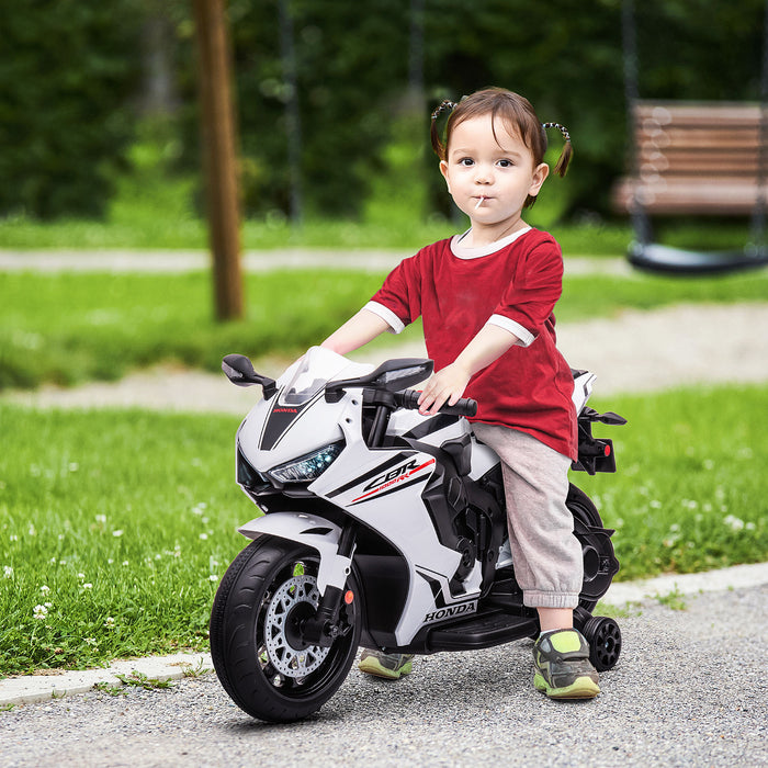 Electric Ride On Motorcycle with Training Wheels - 6V Battery Powered Motorbike, Headlights & Music Features - Ideal for Kids Aged 3-5, Sleek White Design