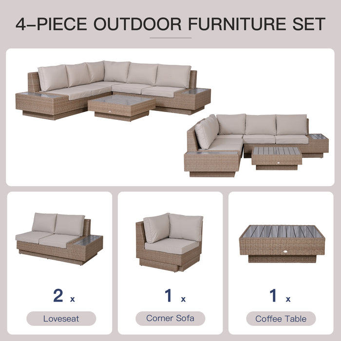 5-Seater Rattan Garden Set - Outdoor Sectional Corner Sofa with Coffee Table, Wicker Weave Design - Ideal for Conservatories, with Armrest Cushions in Beige