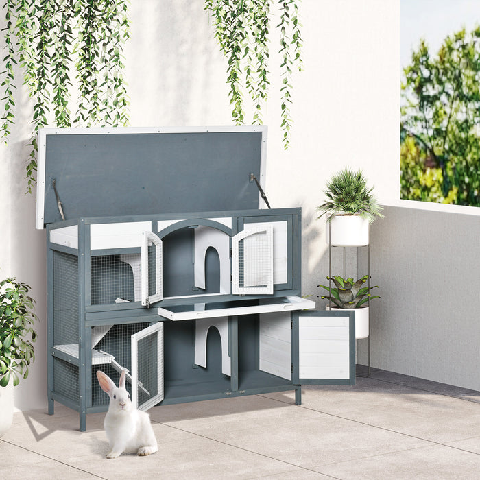 Wooden Two-Tier Rabbit Hutch with Openable Roof - Guinea Pig Cage with Slide-Out Tray & Ramp, Grey - Ideal for Small Pet Housing and Easy Maintenance