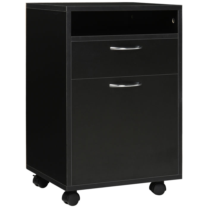 Mobile Printer Storage Cabinet with Drawer - 60cm Office Organizer with Open Shelf and Metal Handles - Easy-to-Move Unit on 4 Wheels for Home Office