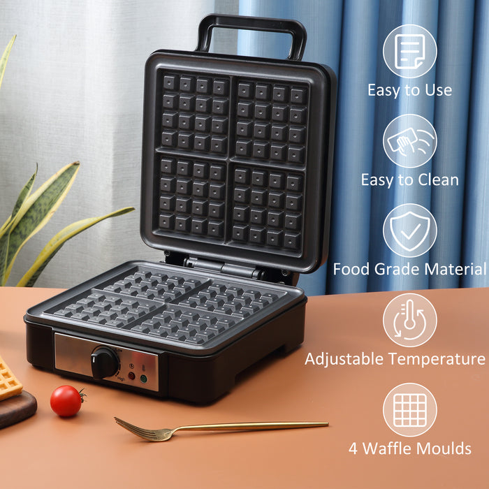 4 Slice Waffle Maker - Deep Cooking Plate and Adjustable Temperature with Non-stick Coating - Perfect for Family Breakfasts and Homemade Desserts, 1200W