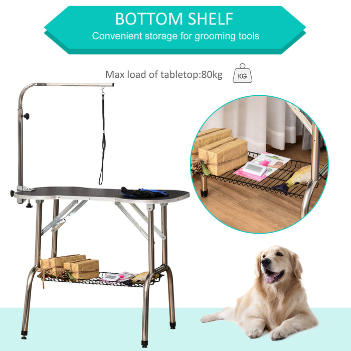 Foldable Pet Grooming & Drying Table with Adjustable Arm - Non-Slip Rubber Top, Aluminum Alloy Edge, Stainless Steel Bar - Ideal for Dog Groomers and Home Use