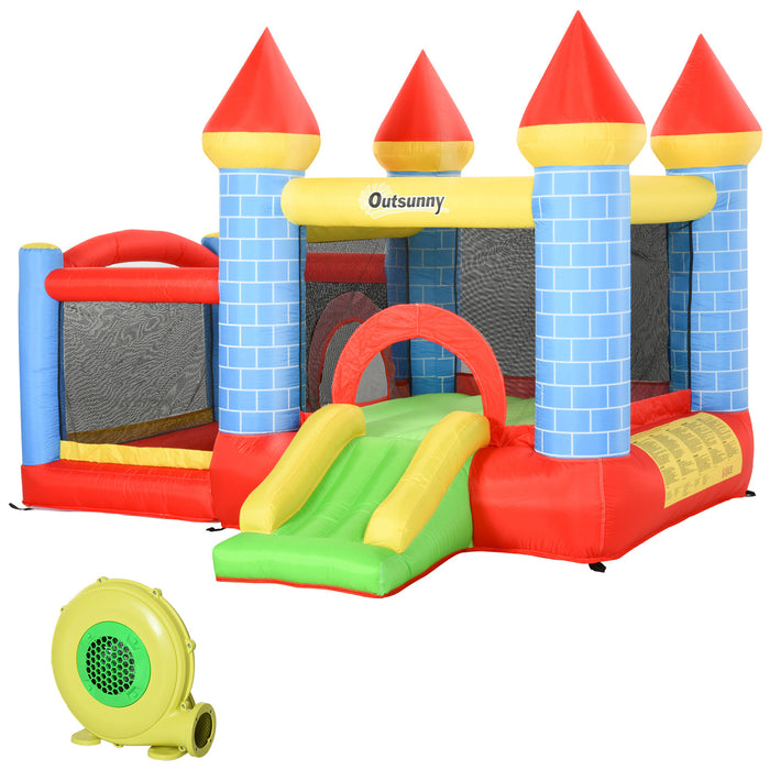 Kids Bounce Castle House with Inflator - 4-in-1 Inflatable Trampoline, Slide, Water Pool, and Basketball Area - Enchanting Castle Design for Children Ages 3-10