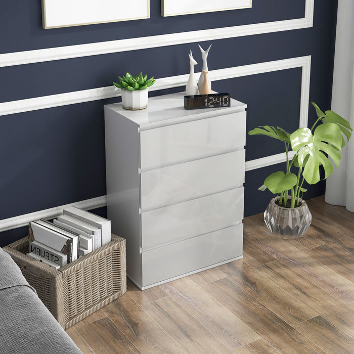 High Gloss 4-Drawer Chest - Modern White Dresser with Spacious Storage - Ideal for Bedroom Organization