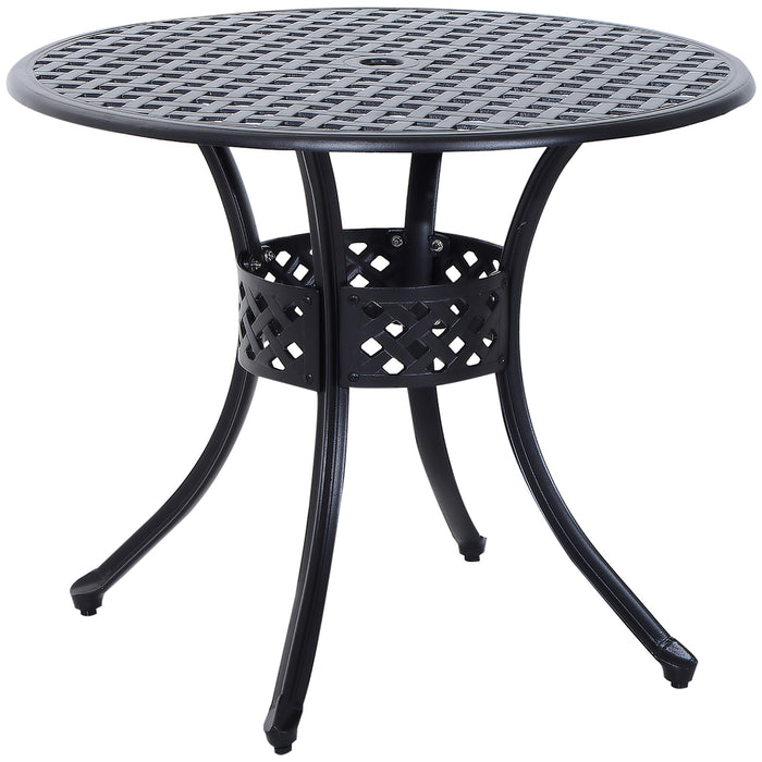 Aluminium Round Garden Table with Umbrella Hole - 85cm Grid Motif Outdoor Dining Furniture, Black - Perfect for Patio and Garden Entertainment