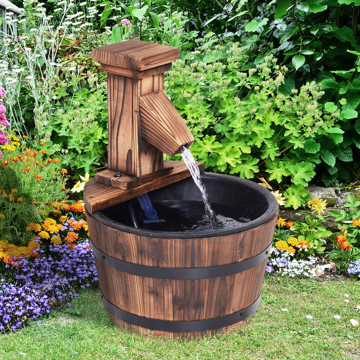 Wood Barrel Electric Pump Water Fountain - Outdoor Patio Water Feature with Rustic Charm - Ideal Garden Decor for Relaxation & Ambiance