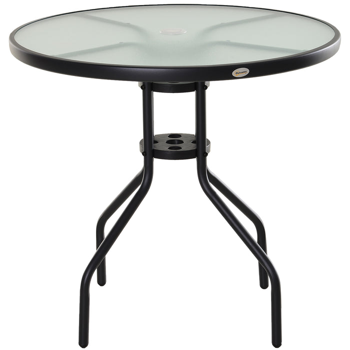 Outdoor Round Dining Table with Parasol Hole - Tempered Glass Top, 80cm Diameter Coffee Side Table - Ideal for Garden and Patio Entertaining