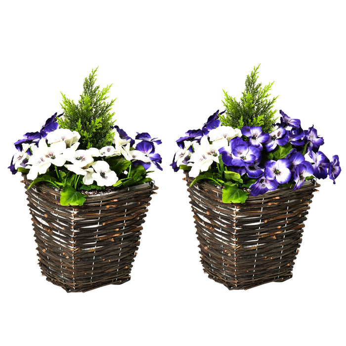 Artificial Phalaenopsis Orchid Set - 2 Fake White & Purple Flowers in Straw Plaiting Pots, 45cm - Home Decor and Office Accent Pieces