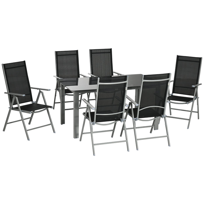 7-Piece Garden Dining Set with Tempered Glass Top & Texteline Seats - Outdoor Aluminium Frame Table & 6 Reclining Folding Chairs - Ideal for Patio Entertainment and Relaxation