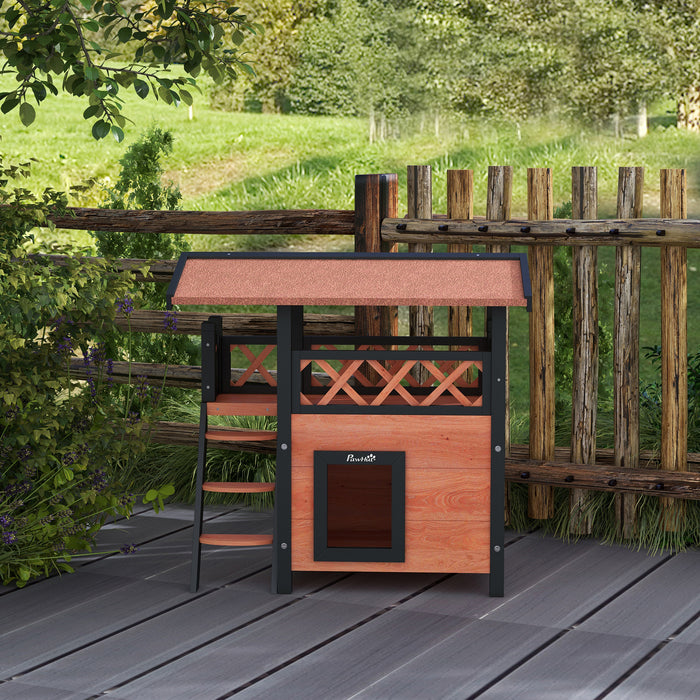 Outdoor Wooden Cat Shelter with Balcony and Stairs - Weatherproof Roof, Spacious 77x50x73cm, in Elegant Brown - Ideal for Feline Outdoor Living and Protection