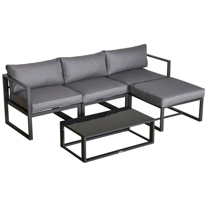 5-Piece Patio Lounge Set with Glass Top Coffee Table - Outdoor Sofa, Cushioned Seats, Metal Frame Construction - Ideal for Garden, Balcony, and Backyard Relaxation in Grey