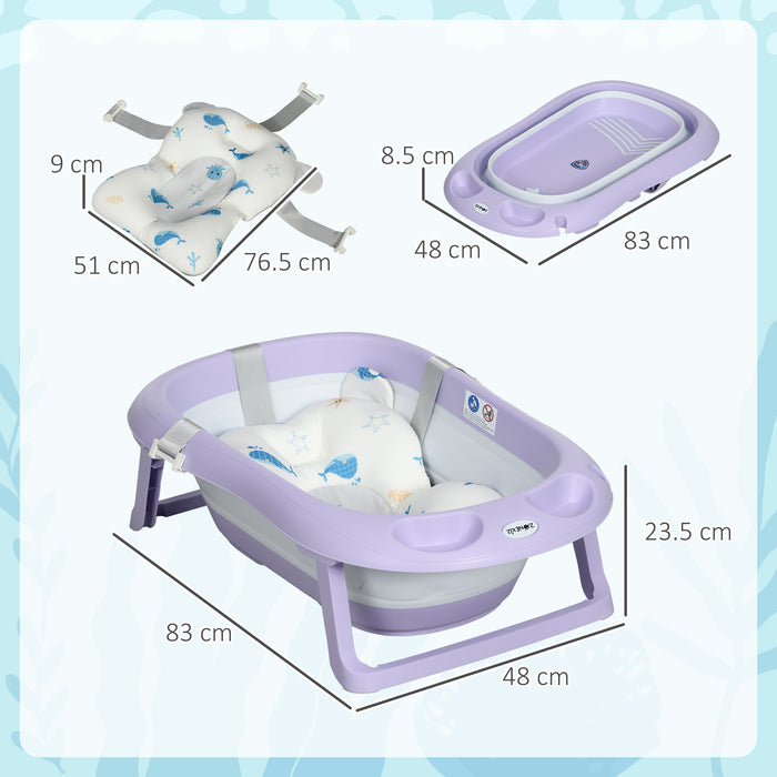 Foldable Infant to Toddler Bathtub - Non-Slip, Cushioned, with Drain & Shower Accessory - Easy Storage & Safe Bathing for 0-6 Years, Purple