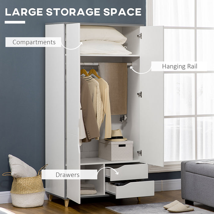 2-Door Wardrobe with Drawers and Hanging Rail - Ample Storage Organizer with Shelves for Bedroom - Ideal for Clothing and Accessories Organization, 89x50x185cm, White