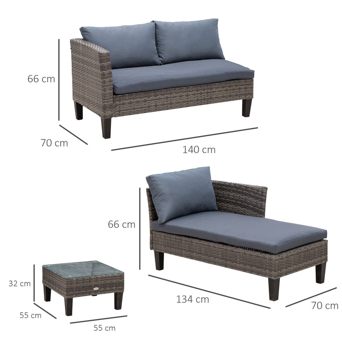 Outdoor L-Shaped Corner Lounge Set - 4-Seater PE Rattan Sofa with Thick Grey Cushions and Square Glass Top Coffee Table - Solid Metal Frame for Patio and Garden Comfort