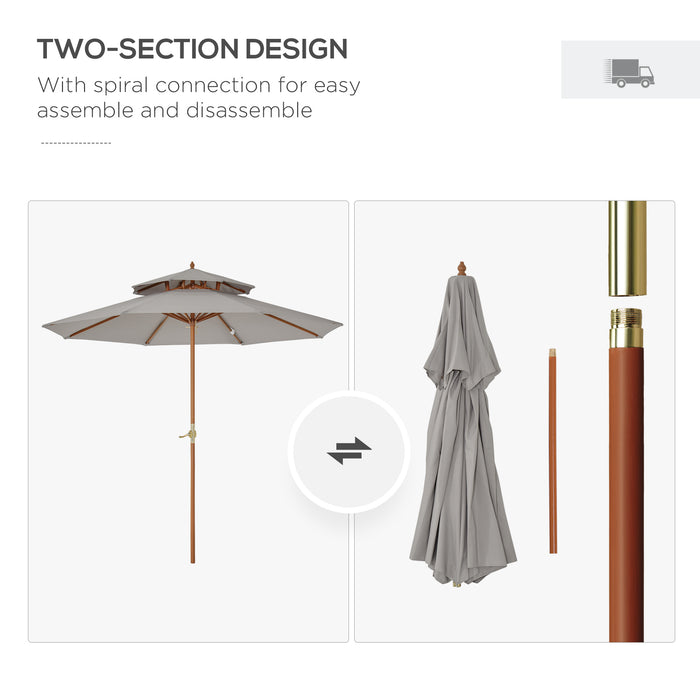 Double Tier 2.7m Garden Sun Umbrella - Outdoor Patio Wooden Parasol with Grey Canopy - Sunshade for Comfort and UV Protection