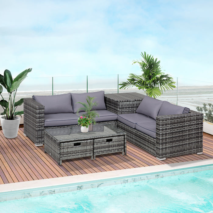 4-Seater Rattan Wicker Set - Cushioned Patio Corner Sofa with Storage Coffee Table and 2 Drawers - Ideal for Garden Entertainment and Relaxation