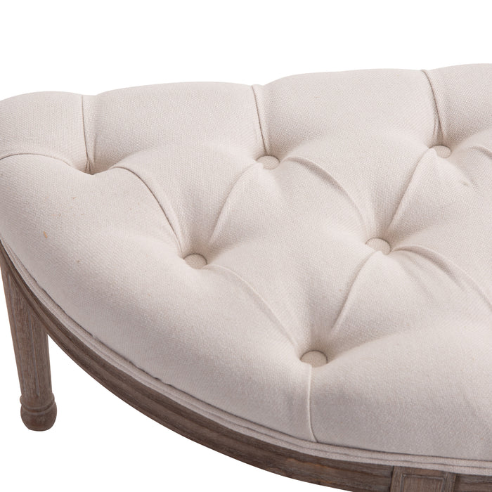 Classic Tufted Ottoman Bench - Half-Circle Padded Footstool with Brushed Wood Base and Antique Accents - Elegant Cream White Seating for Home Decor