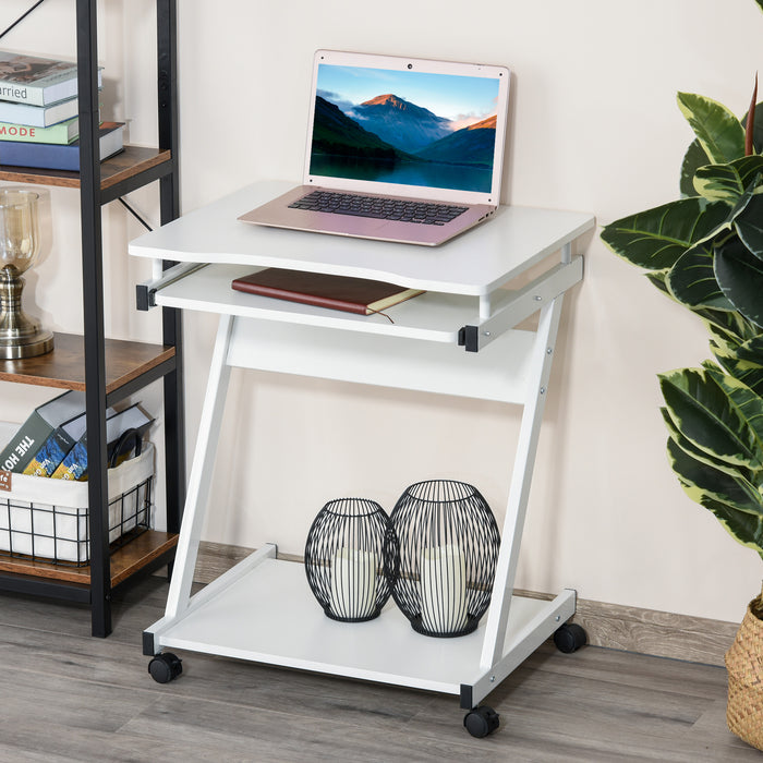 Compact Rolling Computer Desk - 4 Swivel Wheels, Slide-Out Keyboard Tray - Ideal for Home Office, Gaming, and Study Workstation in White