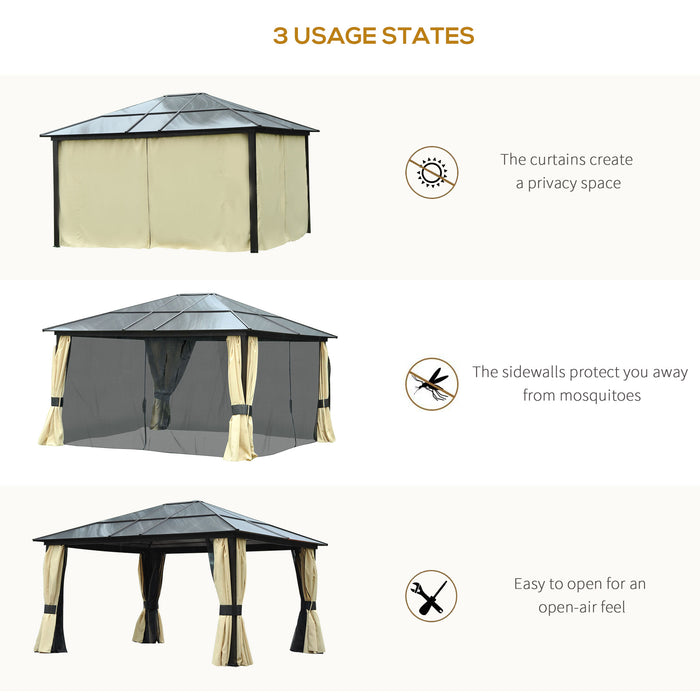 Hardtop Gazebo Canopy 4 x 3.6m - Polycarbonate Roof, Aluminium Frame, Garden Pavilion - Includes Mosquito Netting and Curtains for Outdoor Entertaining