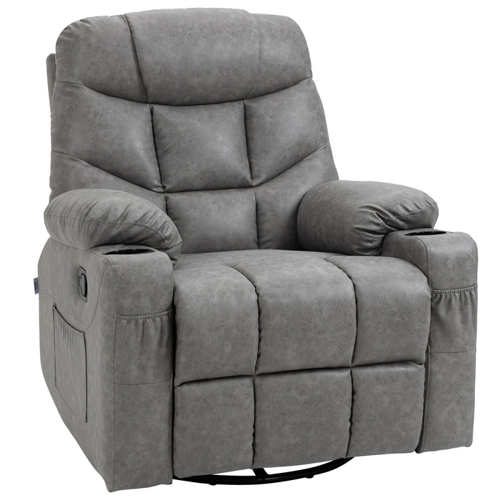 Manual Reclining Armchair with Footrest and Cup Holders - Faux Leather Comfortable Lounger - Ideal for Relaxation and Home Theater Seating, Grey, 86x93x102 cm