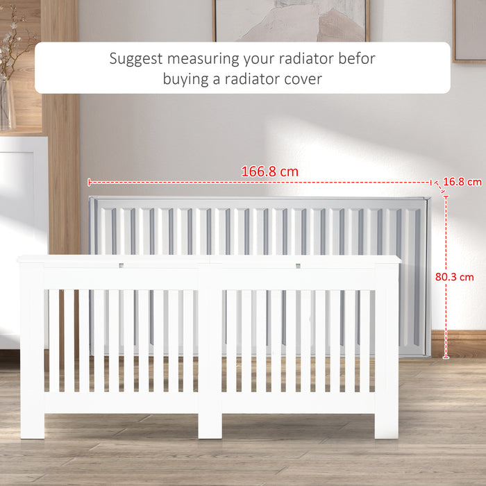 Modern White Slatted Radiator Cover - MDF Cabinet with Lined Grill Design, 172x19x81cm - Enhances Home Decor & Safety