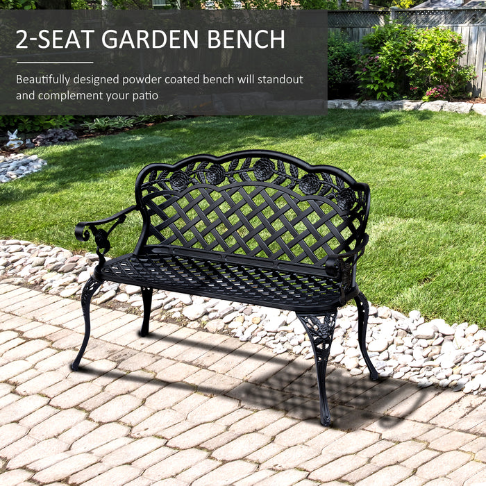 Cast Aluminium Garden Bench - Outdoor 2-Seater Patio Chair with High Back and Armrests in Antique Black - Elegant Seating for Garden and Patio Comfort