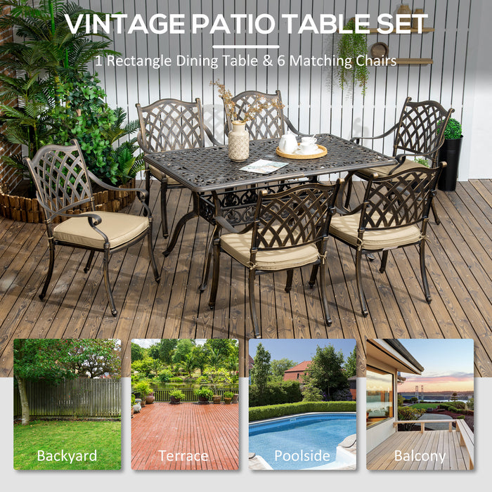 Cast Aluminum 6-Seater Patio Dining Set - Outdoor Furniture with Cushioned Chairs & Umbrella Hole - Ideal for Family Gatherings & Garden Parties