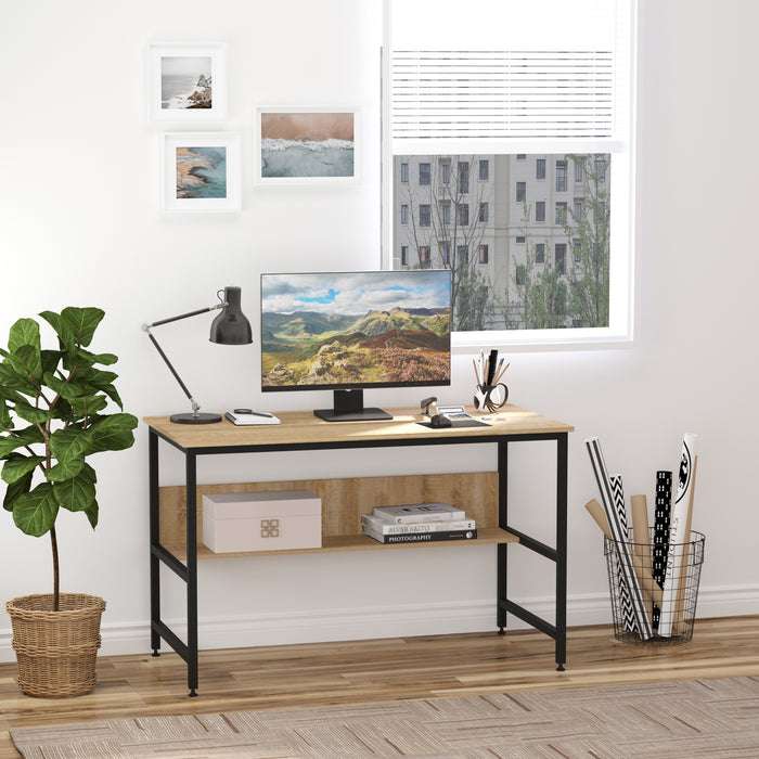 Adjustable Oak Computer Desk with Storage Shelf - Sturdy Metal Frame Home Office Workstation for Laptop and Writing - Ideal for Study and Work at Home