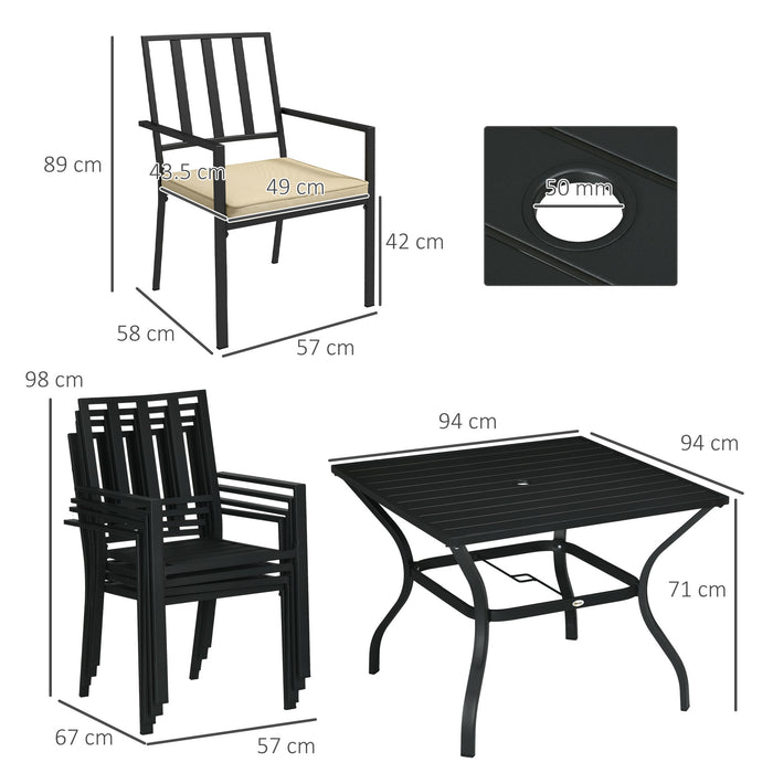 Outdoor 5-Piece Dining Set - Garden Table with Metal Top and Umbrella Hole, 4 Stackable Chairs with Cushions - Ideal for Patio Hosting and Family Meals