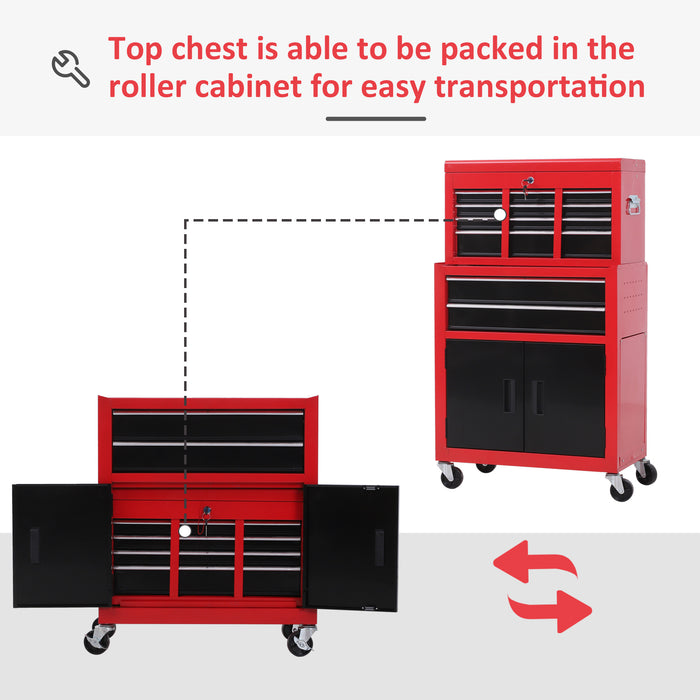 Metal Tool Chest on Wheels with 6 Drawers and Pegboard - Top Chest and Roller Cabinet Combination, 61.6 x 33 x 108cm in Red - Ideal for Workshops and DIY Enthusiasts