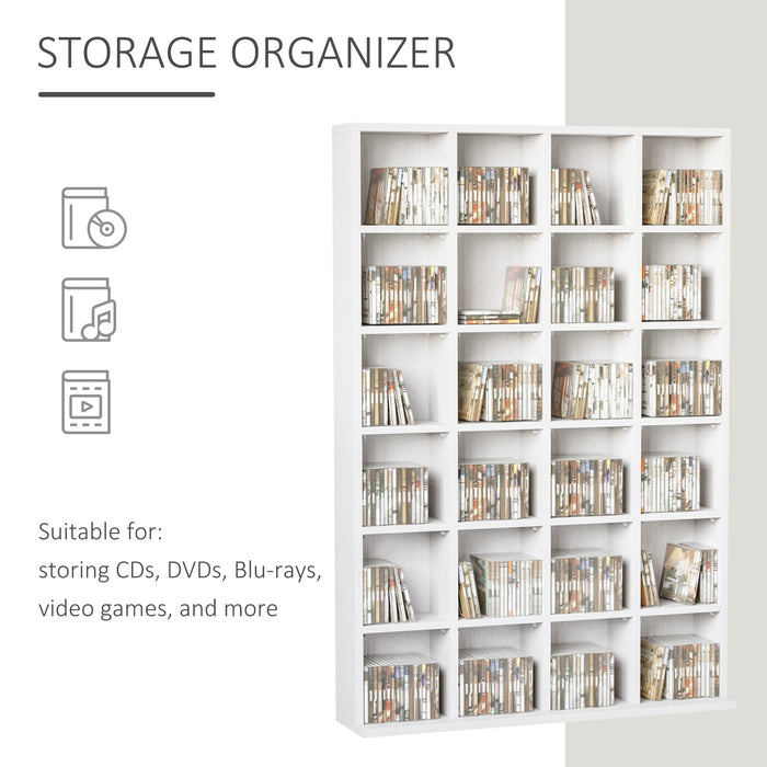 Media Storage Shelf Rack for 480 CDs / 312 DVDs - Wooden Bookcase with 4 Adjustable Shelves in White - Ideal for Organizing Media and Displaying Collectibles