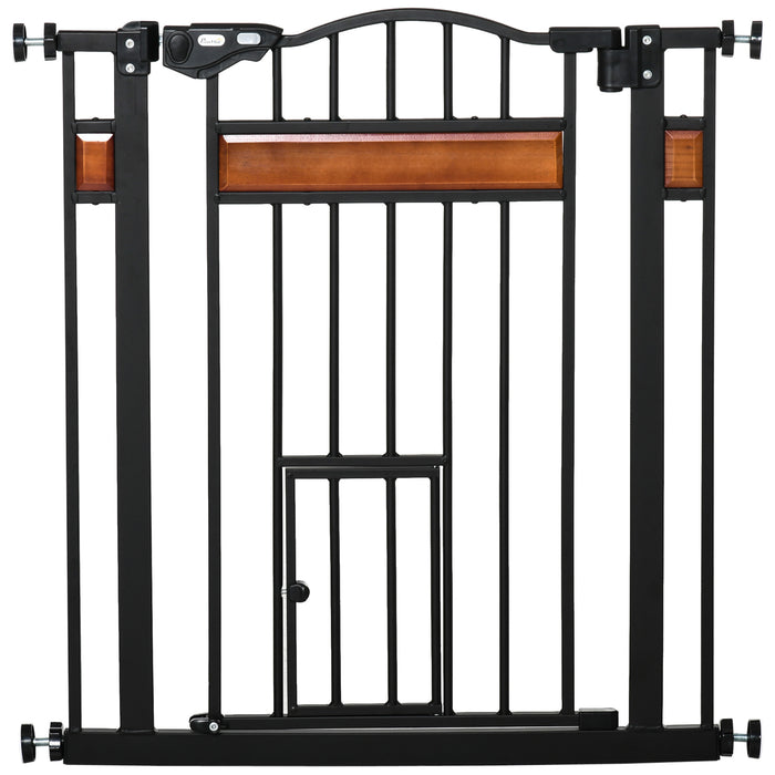 Pet Safety Gate with Cat Door - Auto-Close, Double-Locking, Decorative Pine Wood - Ideal for Doorways, Stairs, Indoor Areas, 74-80 cm Wide, Black