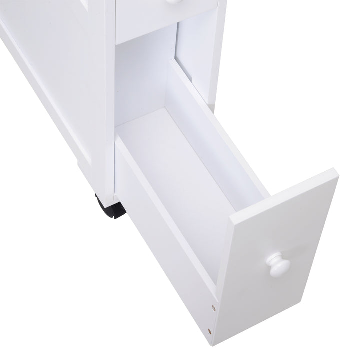 Slim Bathroom Storage Organizer - MDF Rolling Side Cabinet in White - Space-Saving Solution for Tight Spaces