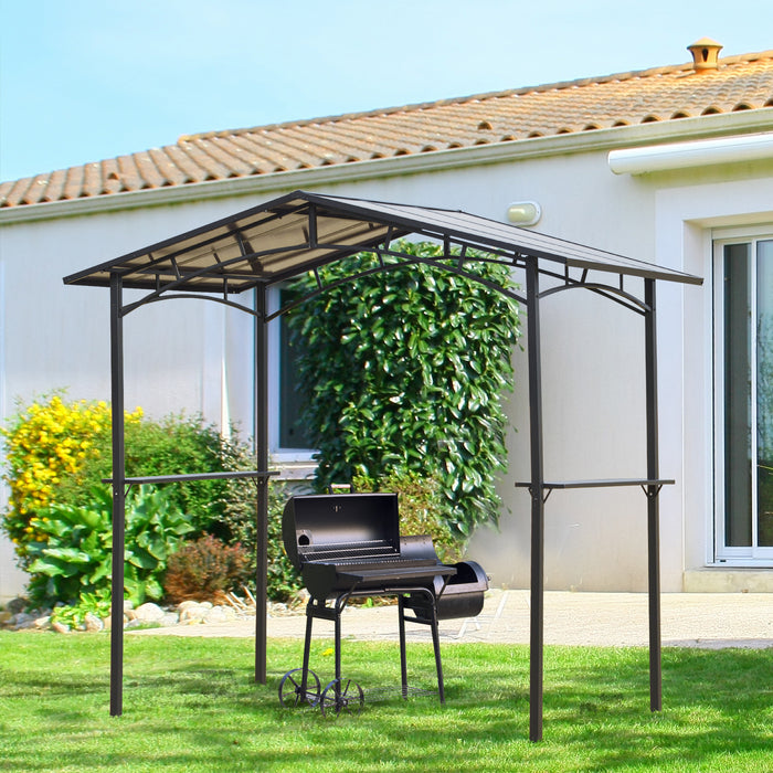 Outdoor BBQ Gazebo - 8x5ft Aluminum Steel Frame with Hardtop Roof and 2 Shelves - Safe Cooking Shelter with Protective Canopy and Ground Stakes