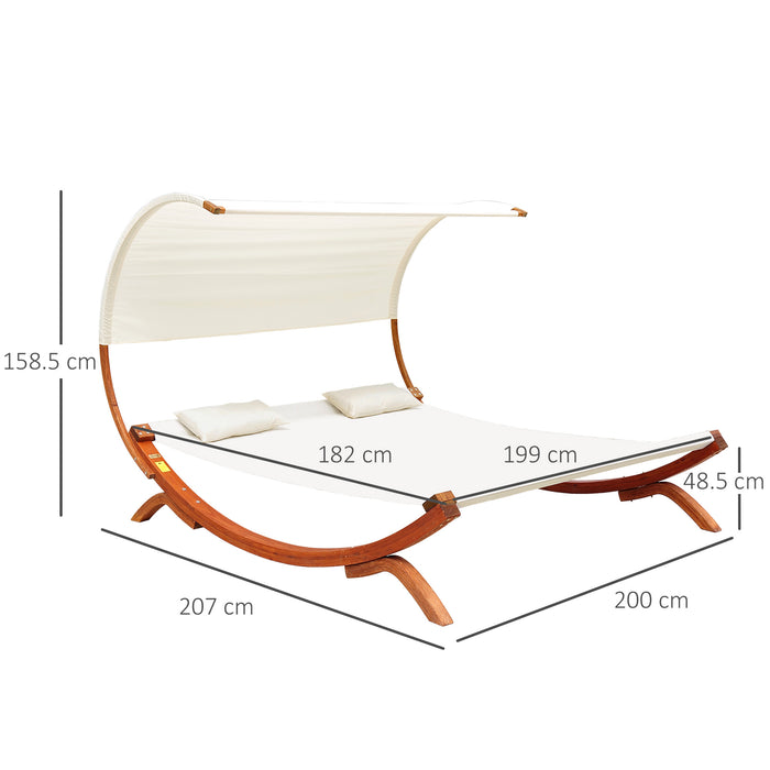 Wooden Double Sun Lounger with Canopy - Hammock Chaise Day Bed, Cream Finish - Ideal for Patio Relaxation and Outdoor Comfort