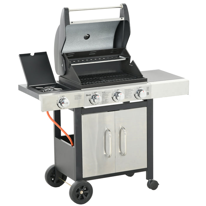 3+1 Gas Burner Barbecue Grill with Smoker - Outdoor BBQ Trolley with Side Burner, Warming Rack, and Side Shelves - Ideal for Garden Cooking with Piezo Ignition and Built-in Thermometer