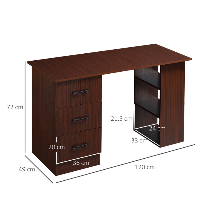 120cm Walnut Brown Computer Desk - Storage Shelves and Drawers Writing Table Workstation - Ideal for Home Office and Study Spaces