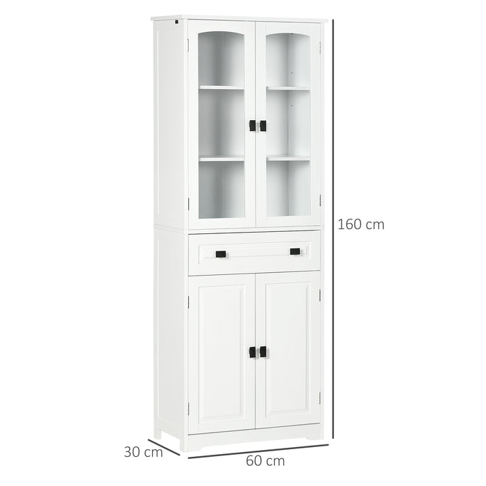 Freestanding Kitchen Storage Cabinet - 2 Adjustable Shelves, Drawer, Glass Door, 160cm in White - Ideal for Dining and Living Room Organization