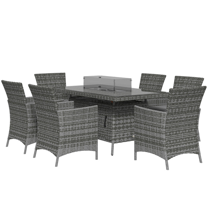 7 Pcs PE Rattan Dining Set with Fire Pit Table - Outdoor Garden Furniture Set with Heater, Armchairs, and Cushions - Perfect for Patio Entertainment and Warm Evenings