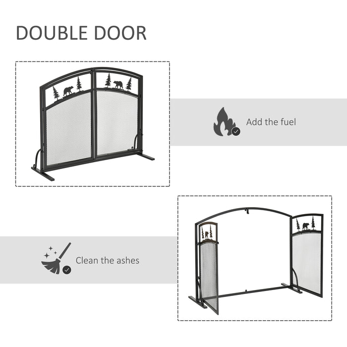 Metal Mesh Fire Guard with Double Doors - Decorative Spark Flame Barrier Featuring Tree Design - Safety Fireplace Screen for Living Room and Bedroom Decor