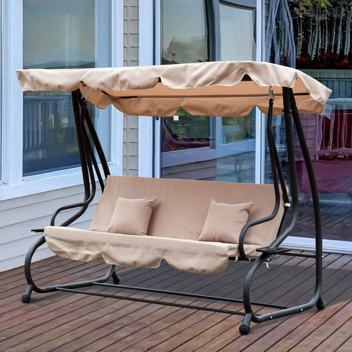 3-Seater Garden Swing Seat with 2-in-1 Hammock Bed Feature - Adjustable Canopy and Cushioned Patio Chair in Light Brown - Ideal for Outdoor Relaxation and Comfort