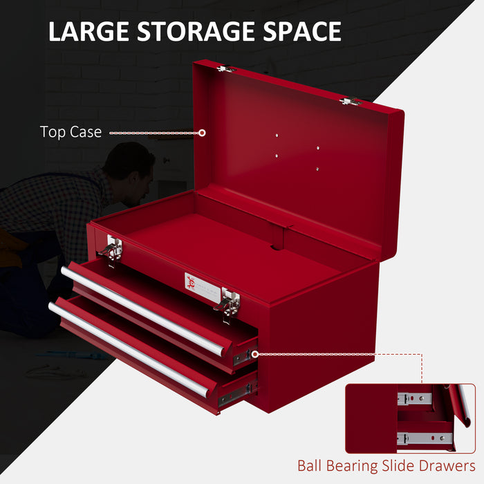 Heavy-Duty Lockable Toolbox - 2-Drawer Storage Chest with Secure Latches and Ball Bearing Runners, Red - Ideal for Organizing Tools and Workshop Essentials